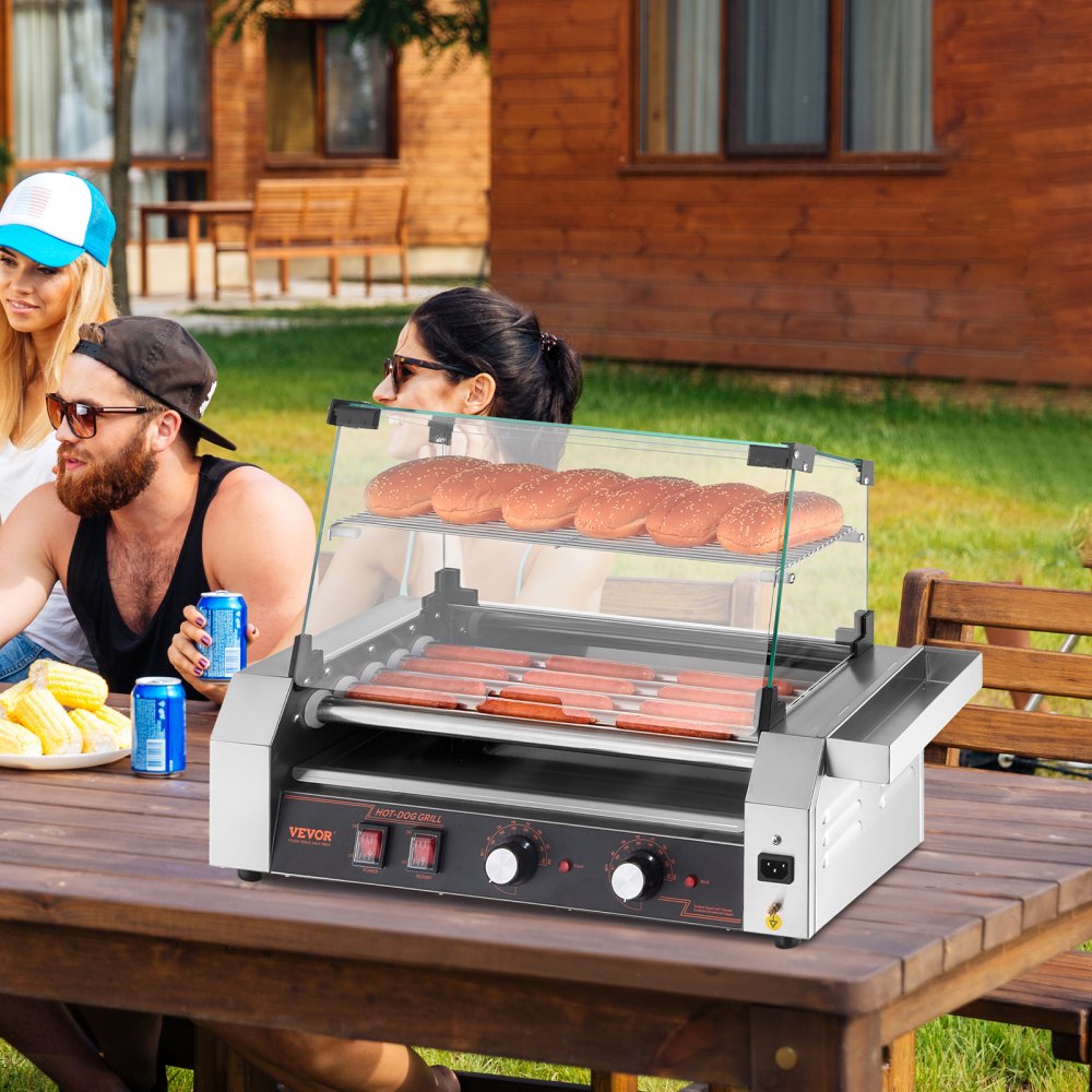VEVOR Hot Dog Roller, 12 Hot Dog 5 Rollers, Stainless Steel Sausage Grill Cooker, 750W Commercial Hot Dog Machine with Dual Temp Control, Cover, Side Storage Box, Removable Shelf & Oil Drip Tray