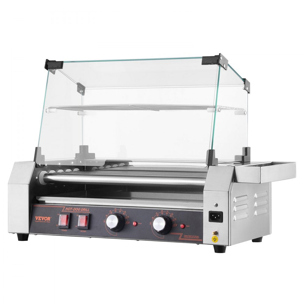 VEVOR Hot Dog Roller, 12 Hot Dog 5 Rollers, Stainless Steel Sausage Grill Cooker, 750W Commercial Hot Dog Machine with Dual Temp Control, Cover, Side Storage Box, Removable Shelf & Oil Drip Tray