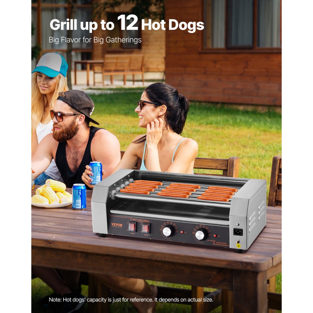 VEVOR Hot Dog Roller, 12 Hot Dog 5 Rollers, Stainless Steel Sausage Grill Cooker, 750W Hot Dog Machine with Dual Temp Control, Removable Oil Drip Tray, for Party Home Commercial