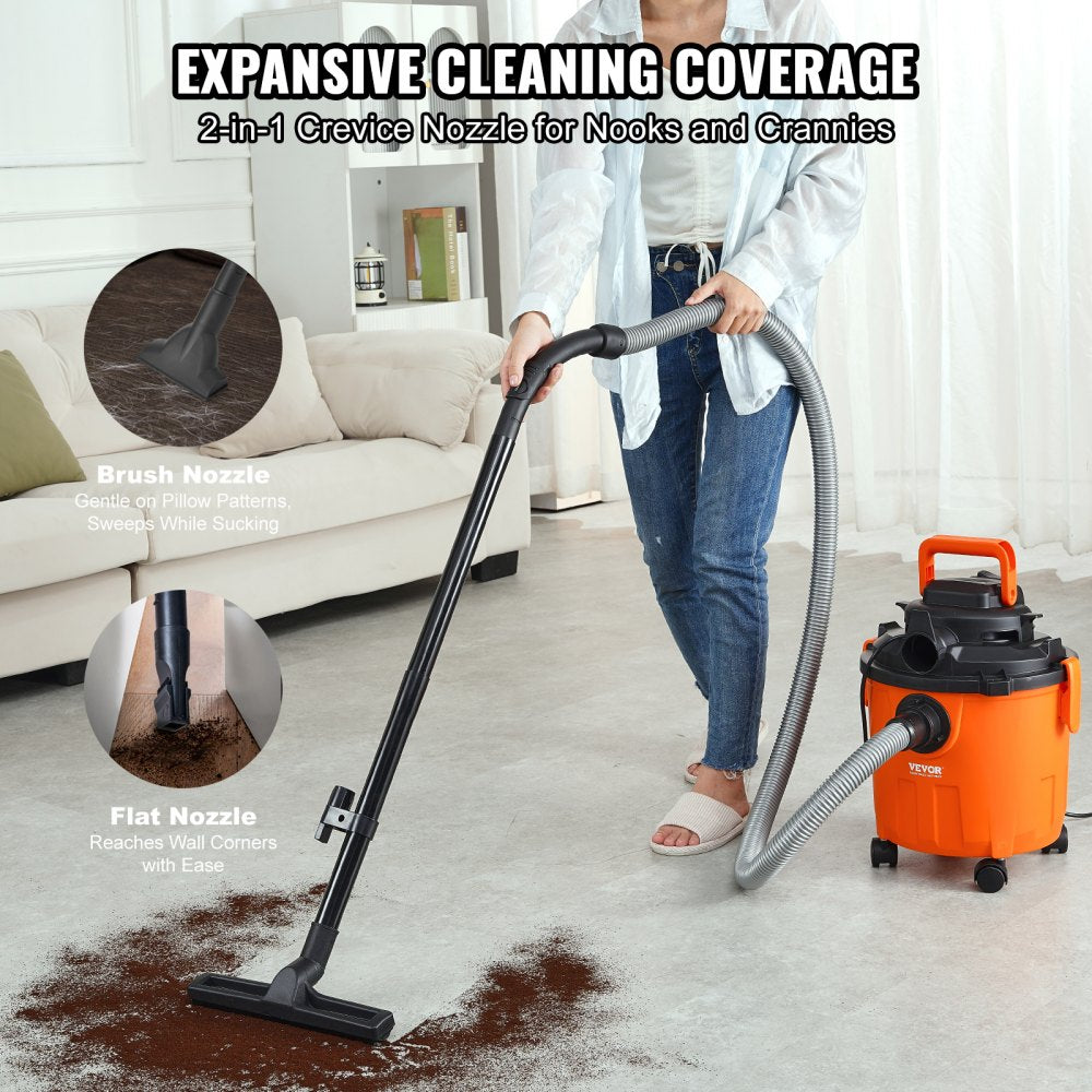 VEVOR Shop Vacuum Wet And Dry, 5 Gallon 6 Peak HP Wet/Dry Vac, Powerful Suction with Blower Function with Attachments 2-in-1 Crevice Nozzle, Small Shop Vac Perfect for Carpet Debris, Pet Hair, Car
