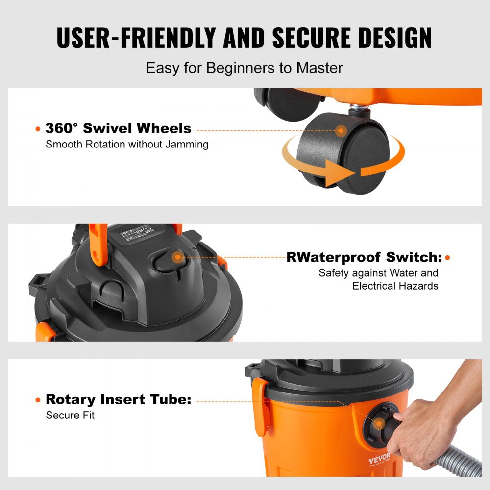 VEVOR Shop Vacuum Wet And Dry, 5 Gallon 6 Peak HP Wet/Dry Vac, Powerful Suction with Blower Function with Attachments 2-in-1 Crevice Nozzle, Small Shop Vac Perfect for Carpet Debris, Pet Hair, Car