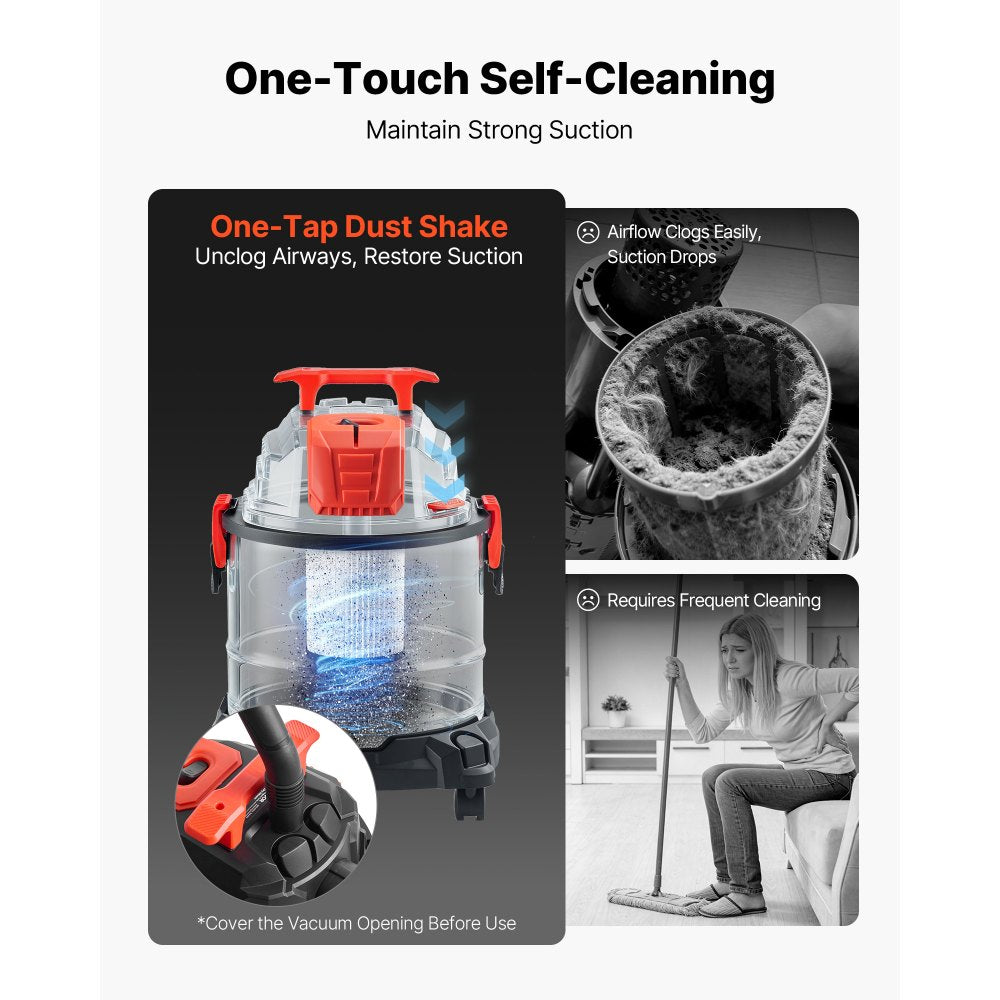 VEVOR Shop Vac, 5.8 Gallon Wet Dry Shop Vacuum, 4 Peak HP with One-Button Self-Cleaning, Dual-Filter, 900W Input Power, 1.25in x 7ft Hose, 9.8ft Cord, Metal Tank for Jobsite, Workshop, Garage, Home