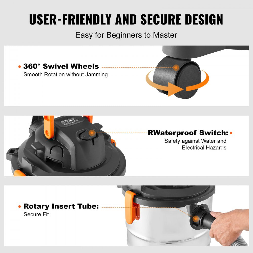 VEVOR Stainless Steel Wet Dry Shop Vacuum, 8 Gallon 6 Peak HP Wet/Dry Vac, Powerful Suction with Blower Function w/ Attachment 2-in-1 Crevice Nozzle, Small Shop Vac Perfect for Carpet Debris, Pet Hair