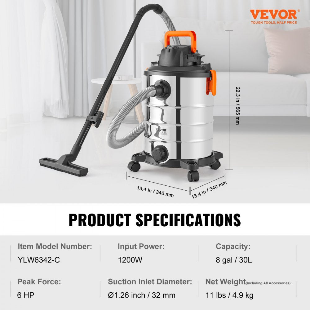 VEVOR Stainless Steel Wet Dry Shop Vacuum, 8 Gallon 6 Peak HP Wet/Dry Vac, Powerful Suction with Blower Function w/ Attachment 2-in-1 Crevice Nozzle, Small Shop Vac Perfect for Carpet Debris, Pet Hair