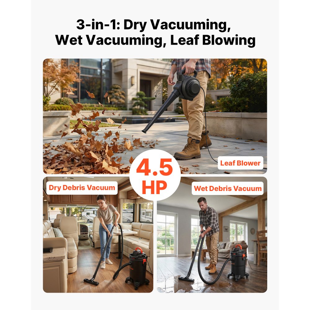 VEVOR 3-in-1 Shop Vac, 11 Gallon Wet Dry Shop Vacuum, 4.5 Peak HP Portable Vacuum Cleaner with Blower, Dual-Filter, 1350W Input Power, 1.25in x 7ft Hose, 9.8ft Cord for Jobsite, Workshop, Garage, Home