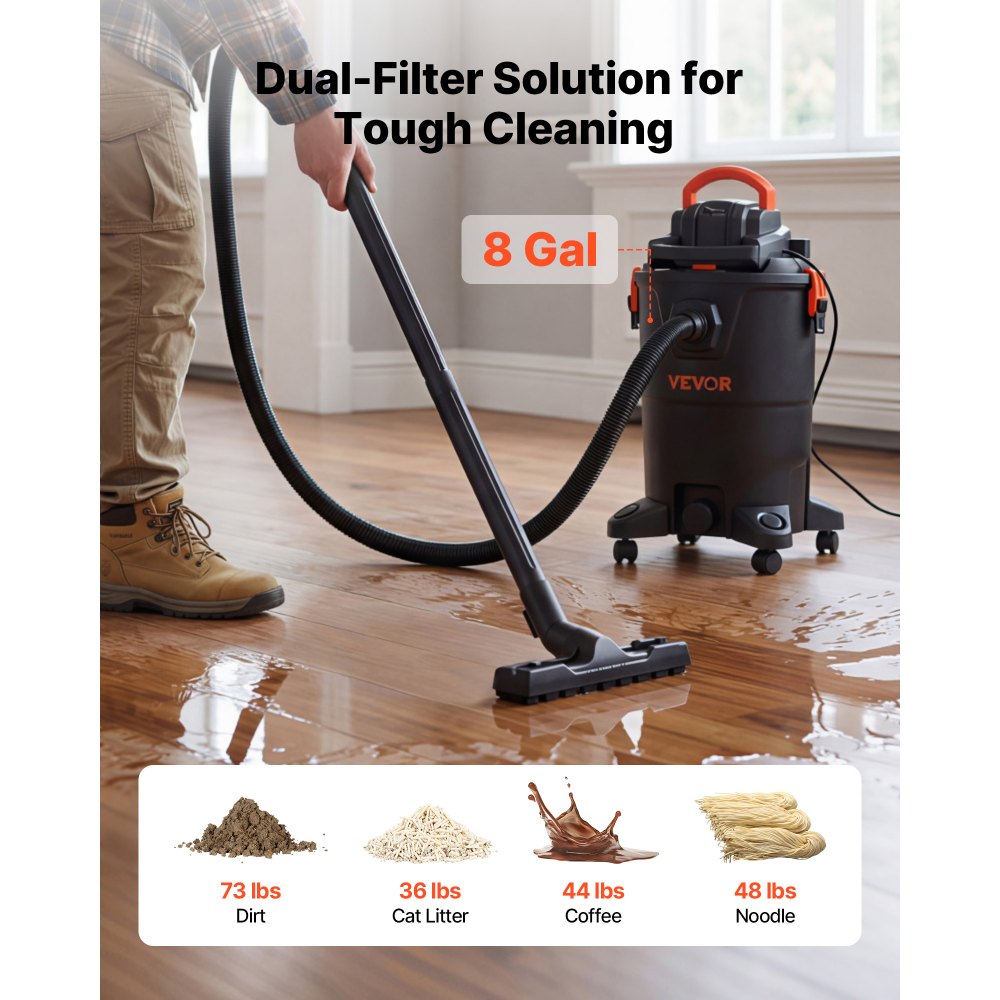 VEVOR 3-in-1 Shop Vac, 11 Gallon Wet Dry Shop Vacuum, 4.5 Peak HP Portable Vacuum Cleaner with Blower, Dual-Filter, 1350W Input Power, 1.25in x 7ft Hose, 9.8ft Cord for Jobsite, Workshop, Garage, Home
