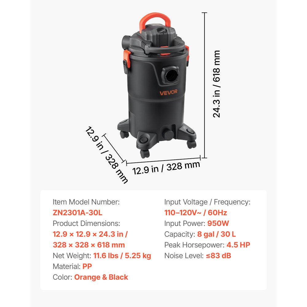 VEVOR 3-in-1 Shop Vac, 11 Gallon Wet Dry Shop Vacuum, 4.5 Peak HP Portable Vacuum Cleaner with Blower, Dual-Filter, 1350W Input Power, 1.25in x 7ft Hose, 9.8ft Cord for Jobsite, Workshop, Garage, Home
