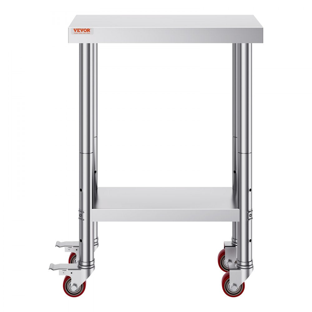 VEVOR Stainless Steel Work Table 12 x 24 x 34 Inch, 700 LBS Load Capacity with 4 Wheels, 3 Adjustable Height Levels, Heavy Duty Food Prep Worktable for Commercial Kitchen Restaurant, Silver
