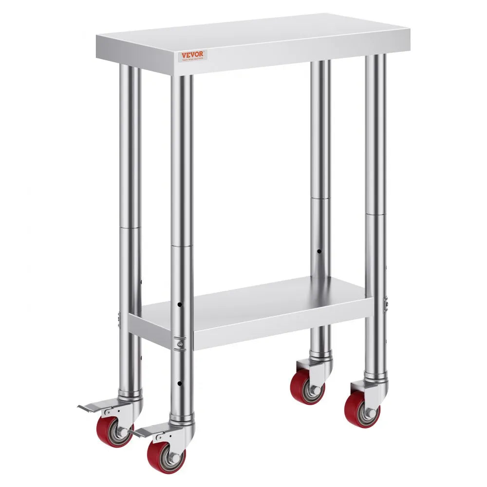 VEVOR Stainless Steel Work Table 12 x 24 x 34 Inch, 700 LBS Load Capacity with 4 Wheels, 3 Adjustable Height Levels, Heavy Duty Food Prep Worktable for Commercial Kitchen Restaurant, Silver