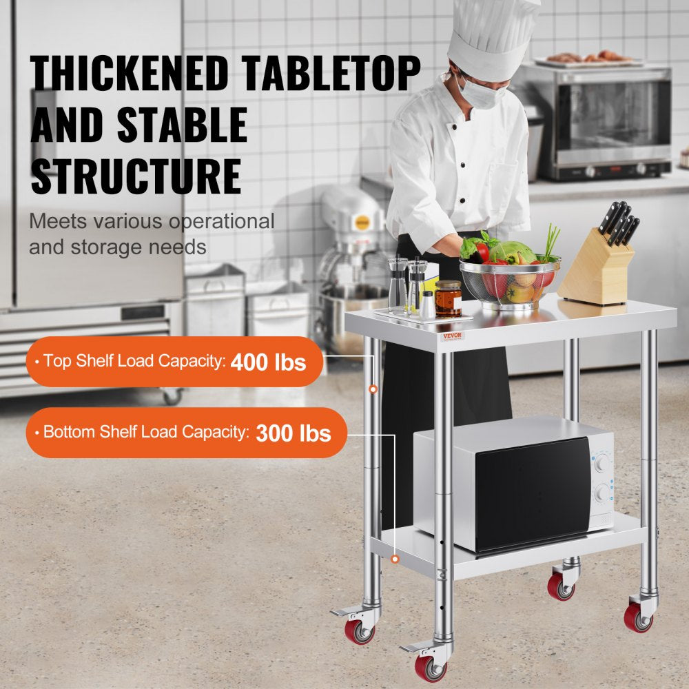 VEVOR Stainless Steel Work Table 30 x 24 x 33 Inch, 700 LBS Load Capacity with 4 Wheels, 3 Adjustable Height Levels, Heavy Duty Food Prep Worktable for Commercial Kitchen Restaurant, Silver