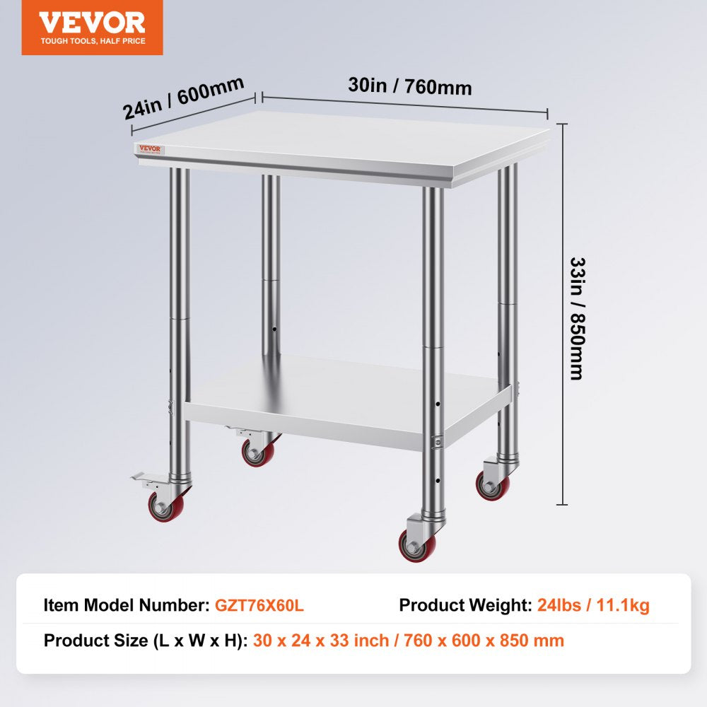 VEVOR Stainless Steel Work Table 30 x 24 x 33 Inch, 700 LBS Load Capacity with 4 Wheels, 3 Adjustable Height Levels, Heavy Duty Food Prep Worktable for Commercial Kitchen Restaurant, Silver