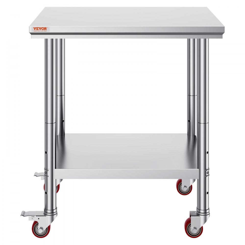 VEVOR Stainless Steel Work Table 30 x 24 x 33 Inch, 700 LBS Load Capacity with 4 Wheels, 3 Adjustable Height Levels, Heavy Duty Food Prep Worktable for Commercial Kitchen Restaurant, Silver
