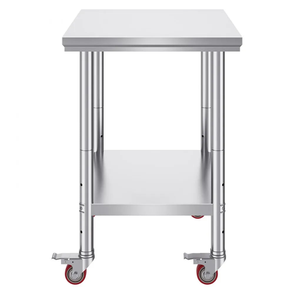 VEVOR Stainless Steel Work Table 30 x 24 x 33 Inch, 700 LBS Load Capacity with 4 Wheels, 3 Adjustable Height Levels, Heavy Duty Food Prep Worktable for Commercial Kitchen Restaurant, Silver