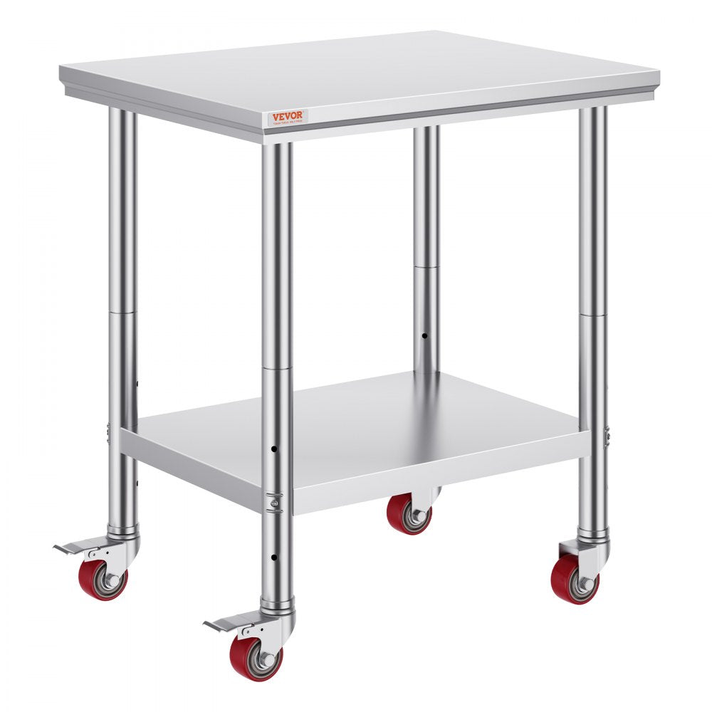 VEVOR Stainless Steel Work Table 30 x 24 x 33 Inch, 700 LBS Load Capacity with 4 Wheels, 3 Adjustable Height Levels, Heavy Duty Food Prep Worktable for Commercial Kitchen Restaurant, Silver