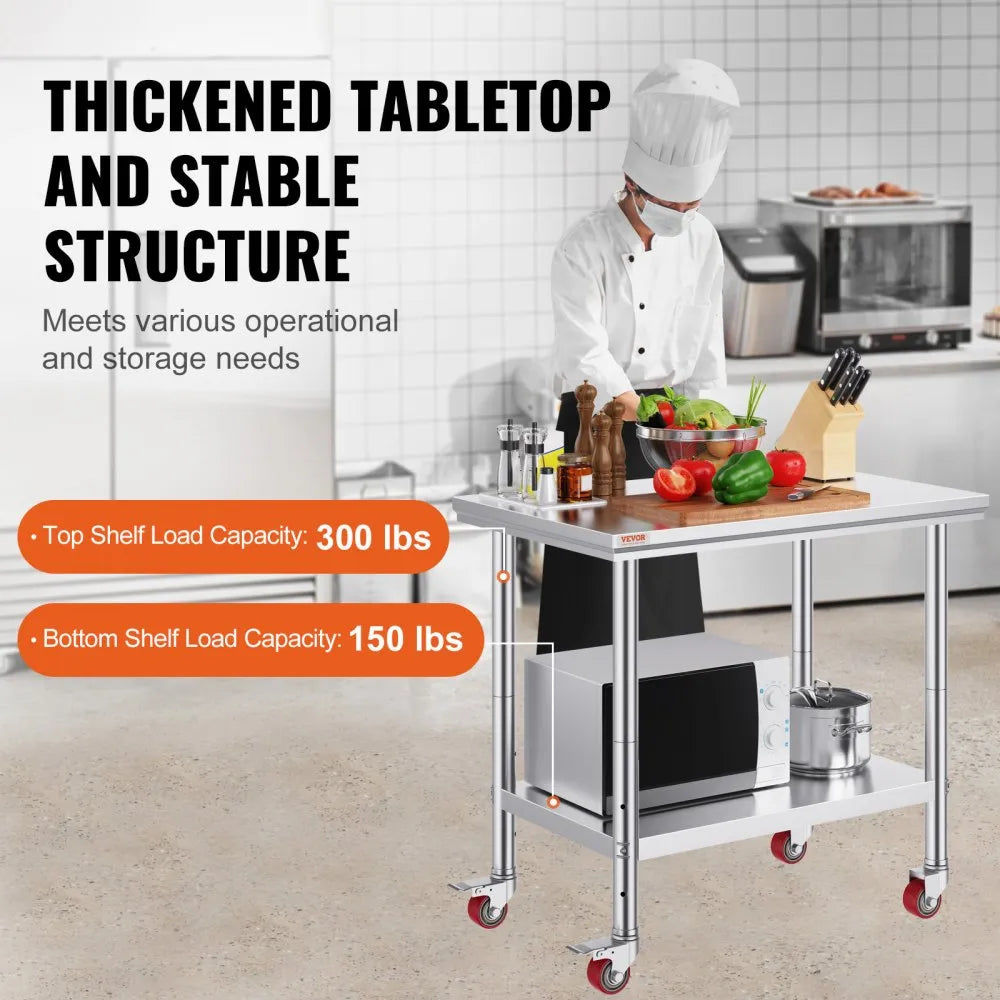 VEVOR Stainless Steel Work Table 35 x 24 x 33 Inch, 700 LBS Load Capacity with 4 Wheels, 3 Adjustable Height Levels, Heavy Duty Food Prep Worktable for Commercial Kitchen Restaurant, Silver