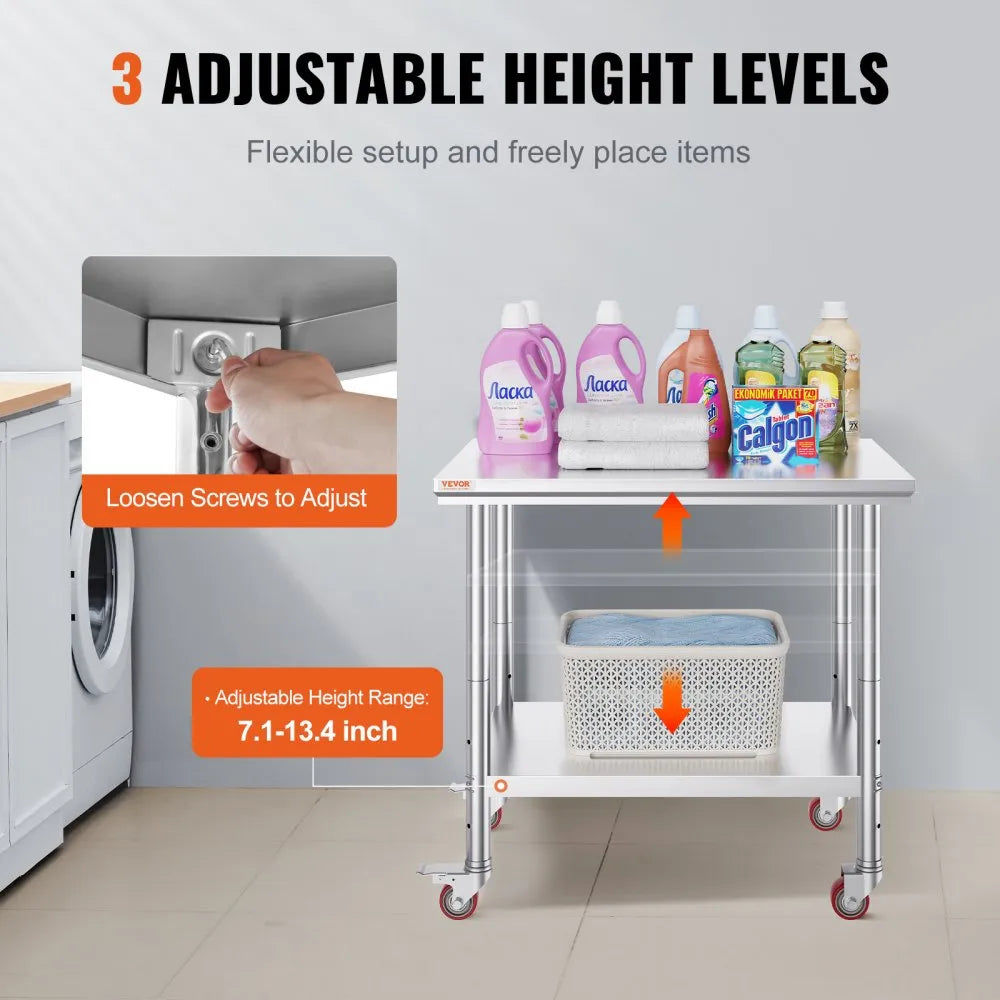 VEVOR Stainless Steel Work Table 35 x 24 x 33 Inch, 700 LBS Load Capacity with 4 Wheels, 3 Adjustable Height Levels, Heavy Duty Food Prep Worktable for Commercial Kitchen Restaurant, Silver