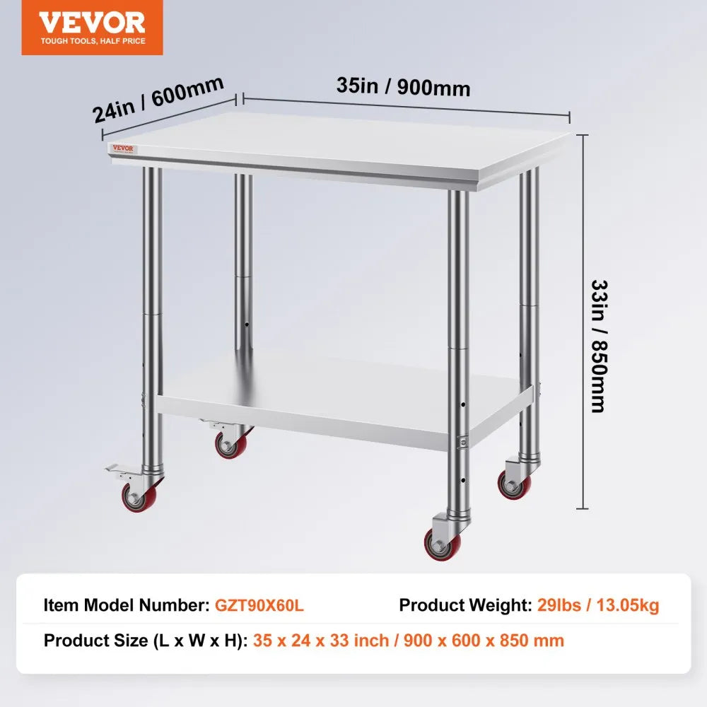 VEVOR Stainless Steel Work Table 35 x 24 x 33 Inch, 700 LBS Load Capacity with 4 Wheels, 3 Adjustable Height Levels, Heavy Duty Food Prep Worktable for Commercial Kitchen Restaurant, Silver