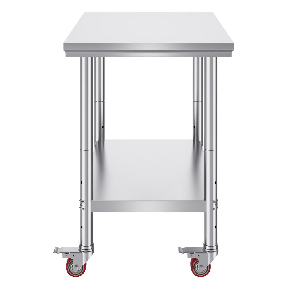 VEVOR Stainless Steel Work Table 35 x 24 x 33 Inch, 700 LBS Load Capacity with 4 Wheels, 3 Adjustable Height Levels, Heavy Duty Food Prep Worktable for Commercial Kitchen Restaurant, Silver