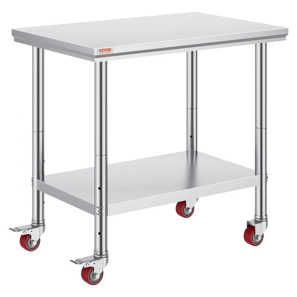 VEVOR Stainless Steel Work Table 35 x 24 x 33 Inch, 700 LBS Load Capacity with 4 Wheels, 3 Adjustable Height Levels, Heavy Duty Food Prep Worktable for Commercial Kitchen Restaurant, Silver