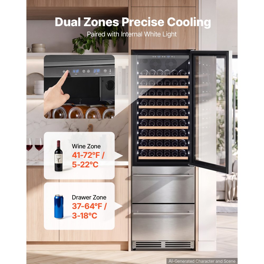 VEVOR 24in Wine Fridge Beer Cooler Refrigerator 108 Bottle 150 Can Capacity, Home Bar, Triple-Door & Dual Zone Compressor Refrigerators, Built-in or Freestanding, Lock, 37℉-72℉, Glass Door & LED Light