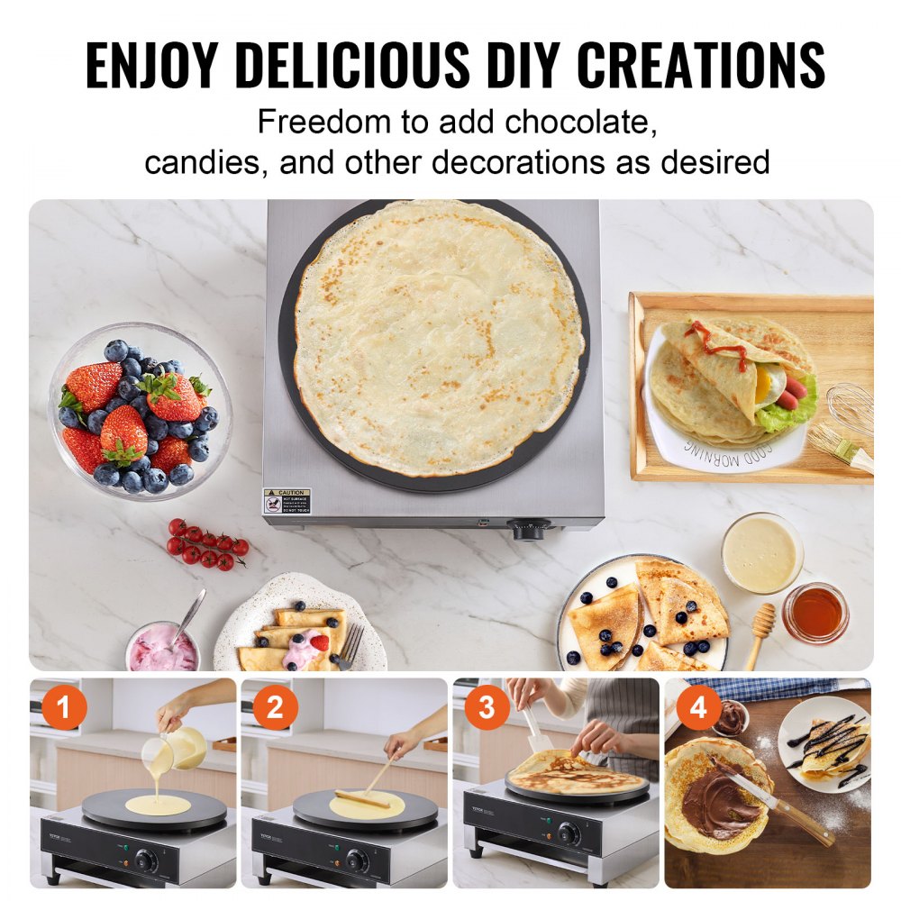 VEVOR Electric Crepe Maker, 16-Inch Commercial Crepe Machine, 1700W Flat Plate Crepe Griddle, Nonstick Stainless Steel Pancake Making Machine, Desktop Circular Cereals Pancake Stove with Temp Control