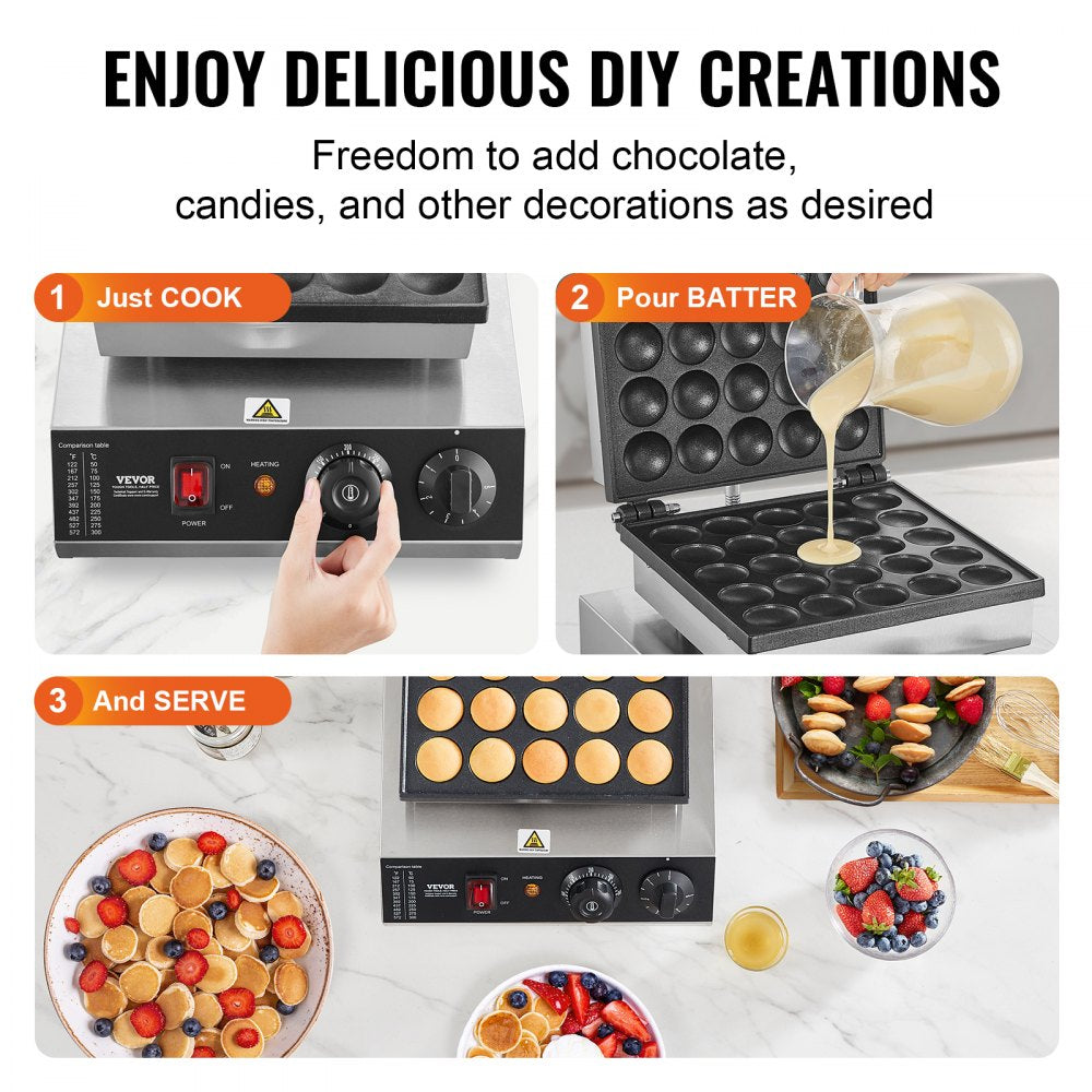 VEVOR Mini Dutch Pancake Maker, 25PCS 43mm Diameter Dorayaki Baker Machine, 1700W Commercial Electric Poffertjes Grill, Non-stick Stainless Steel, Temp & Time Control, for Home Kitchen Restaurant