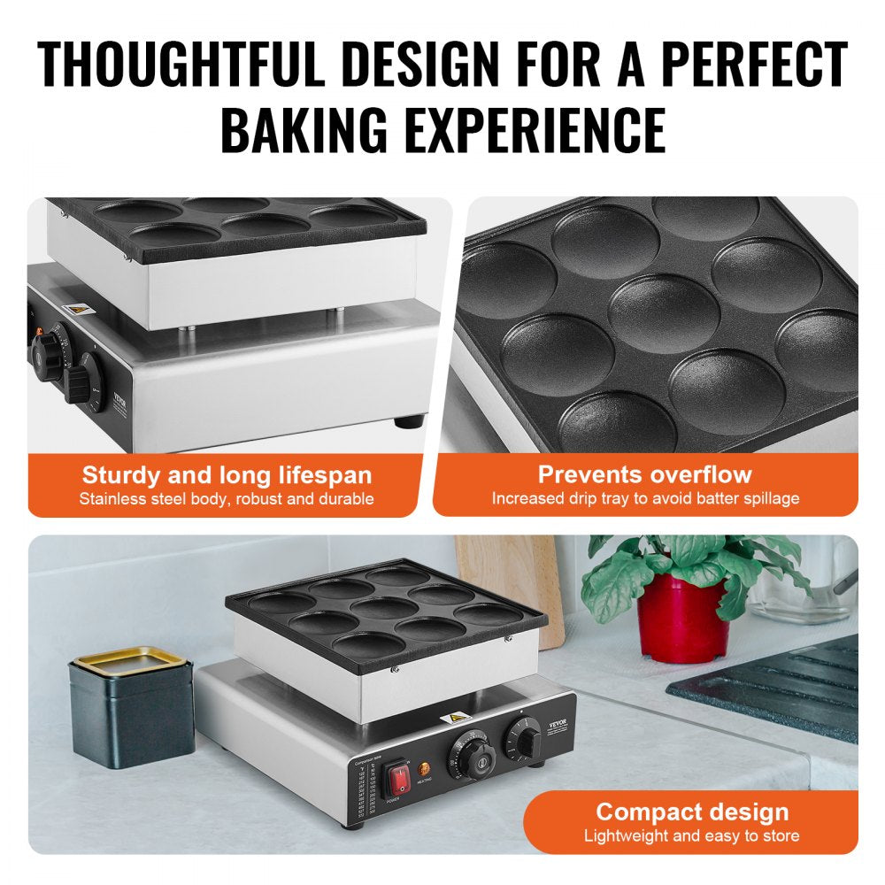 VEVOR Dutch Pancake Maker, 9PCS 76mm Diameter Dorayaki Baker Machine, 850W Commercial Electric Poffertjes Grill, Non-stick Stainless Steel, Temp & Time Control, for Home Kitchen Restaurant Snack Bar