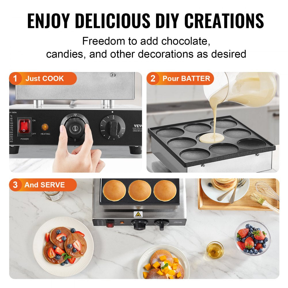 VEVOR Dutch Pancake Maker, 9PCS 76mm Diameter Dorayaki Baker Machine, 850W Commercial Electric Poffertjes Grill, Non-stick Stainless Steel, Temp & Time Control, for Home Kitchen Restaurant Snack Bar