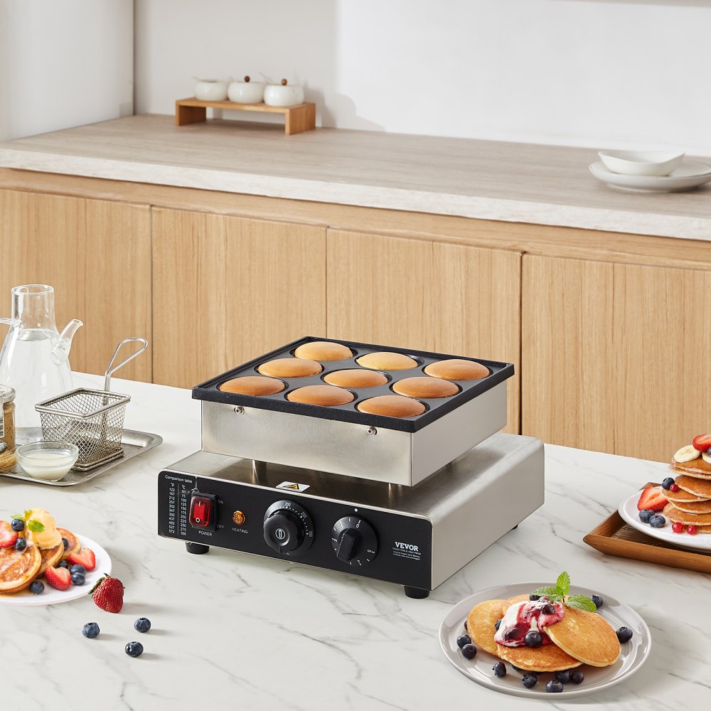 VEVOR Dutch Pancake Maker, 9PCS 76mm Diameter Dorayaki Baker Machine, 850W Commercial Electric Poffertjes Grill, Non-stick Stainless Steel, Temp & Time Control, for Home Kitchen Restaurant Snack Bar