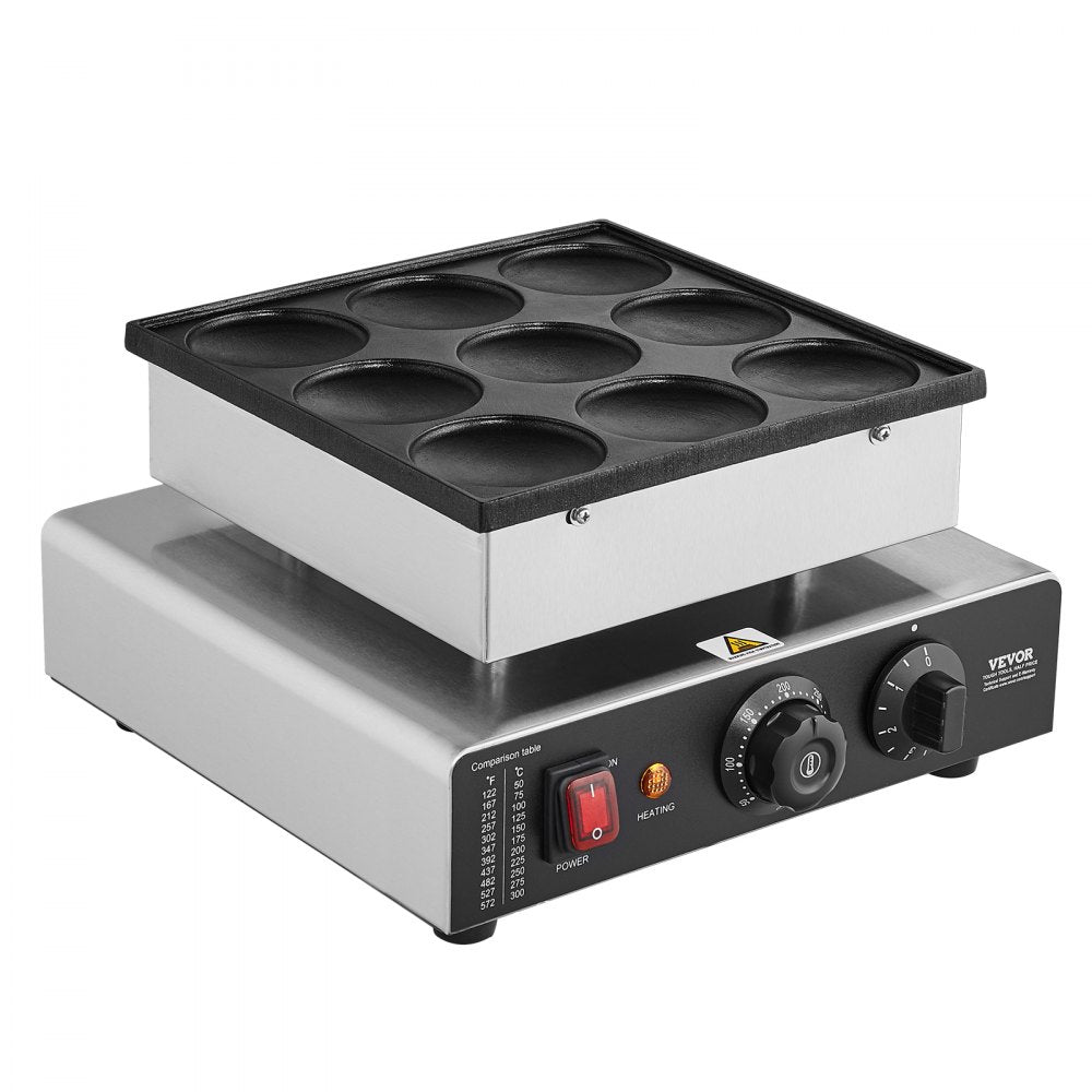 VEVOR Dutch Pancake Maker, 9PCS 76mm Diameter Dorayaki Baker Machine, 850W Commercial Electric Poffertjes Grill, Non-stick Stainless Steel, Temp & Time Control, for Home Kitchen Restaurant Snack Bar