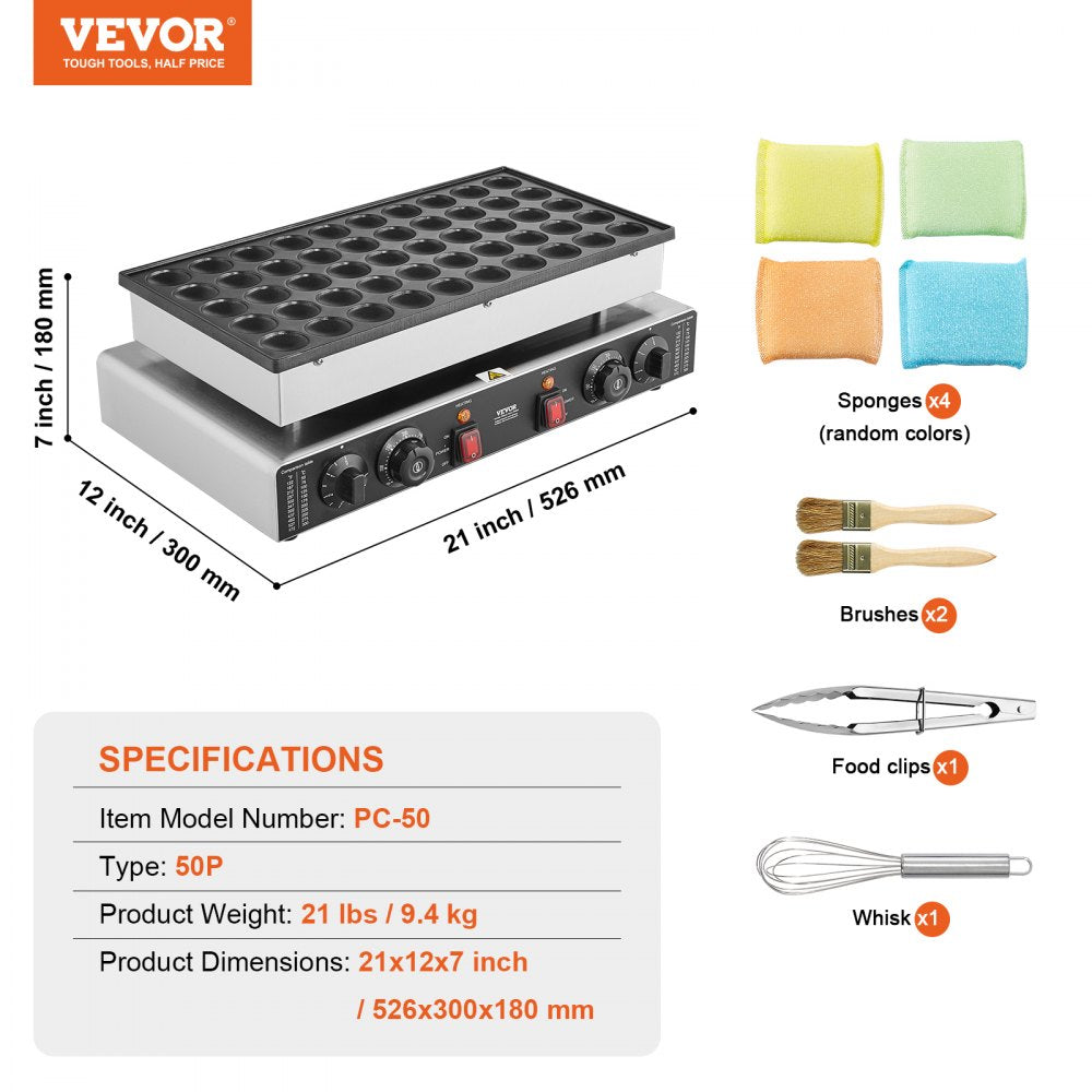VEVOR Mini Dutch Pancake Maker, 50PCS 43mm Diameter Dorayaki Baker Machine, 1700W Commercial Electric Poffertjes Grill, Non-stick Stainless Steel, Dual Temp & Time Control, for Home Kitchen Restaurant