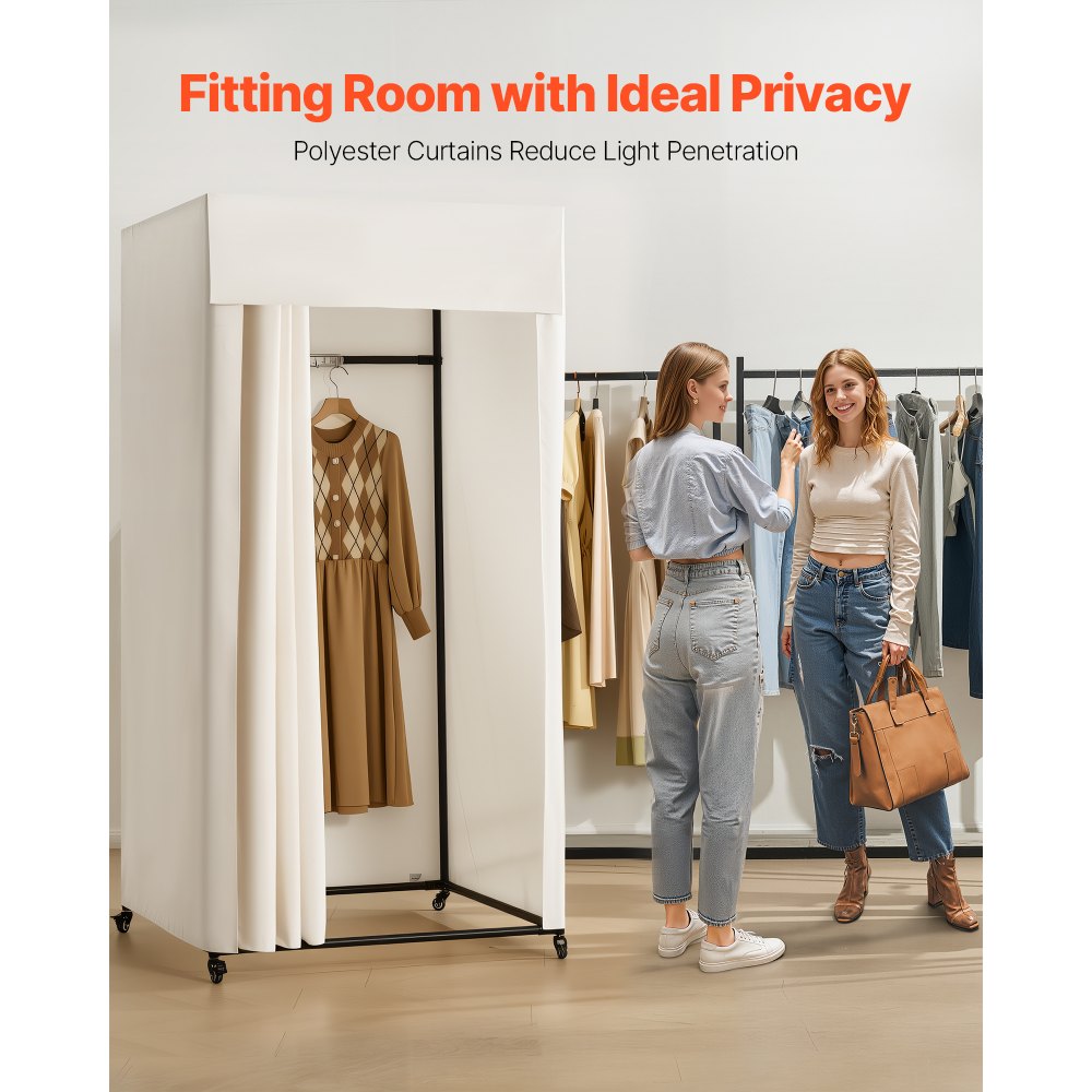 VEVOR Fitting Room, Moveable Dressing Room with Thick Curtains, Privacy Space with Casters and a Sturdy Metal Hook, for Boutique, Mall, Tailor's Store & Outdoor (39 x 39 x 81 in, Black and Beige)