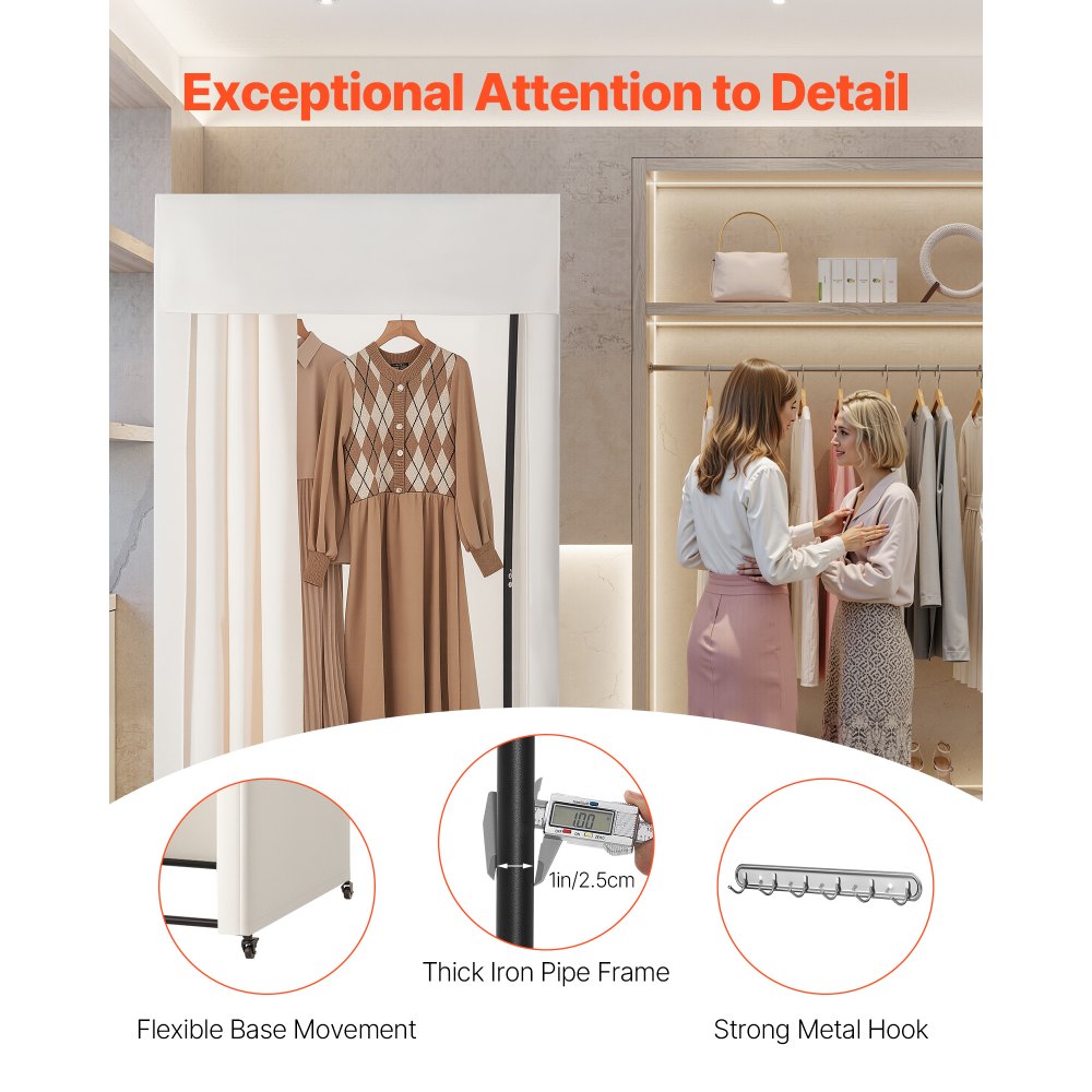 VEVOR Fitting Room, Moveable Dressing Room with Thick Curtains, Privacy Space with Casters and a Sturdy Metal Hook, for Boutique, Mall, Tailor's Store & Outdoor (39 x 39 x 81 in, Black and Beige)
