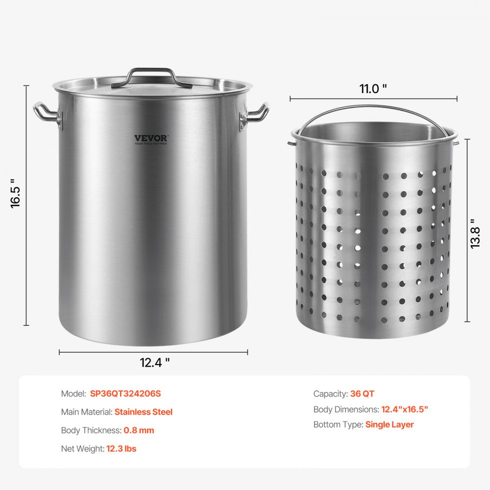 VEVOR Stainless Steel Stockpot, 36 Quart Cooking Pots, Cookware Sauce Pot with Basket, Lid, and Handle, Heavy Duty Commercial Grade Stock Pot, Sanding Treatment, for Steaming Boiling or Frying Silver
