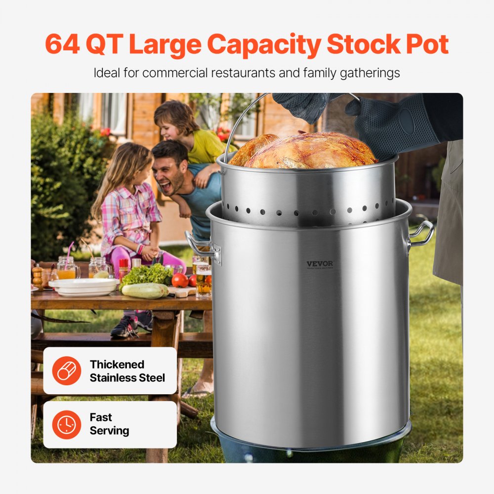 VEVOR Stainless Steel Stockpot, 54L Large Cooking Pots, Cookware Sauce Pot with Basket, Lid, and Handle, Heavy Duty Commercial Grade Stock Pot, Sanding Treatment, for Large Groups Events Silver