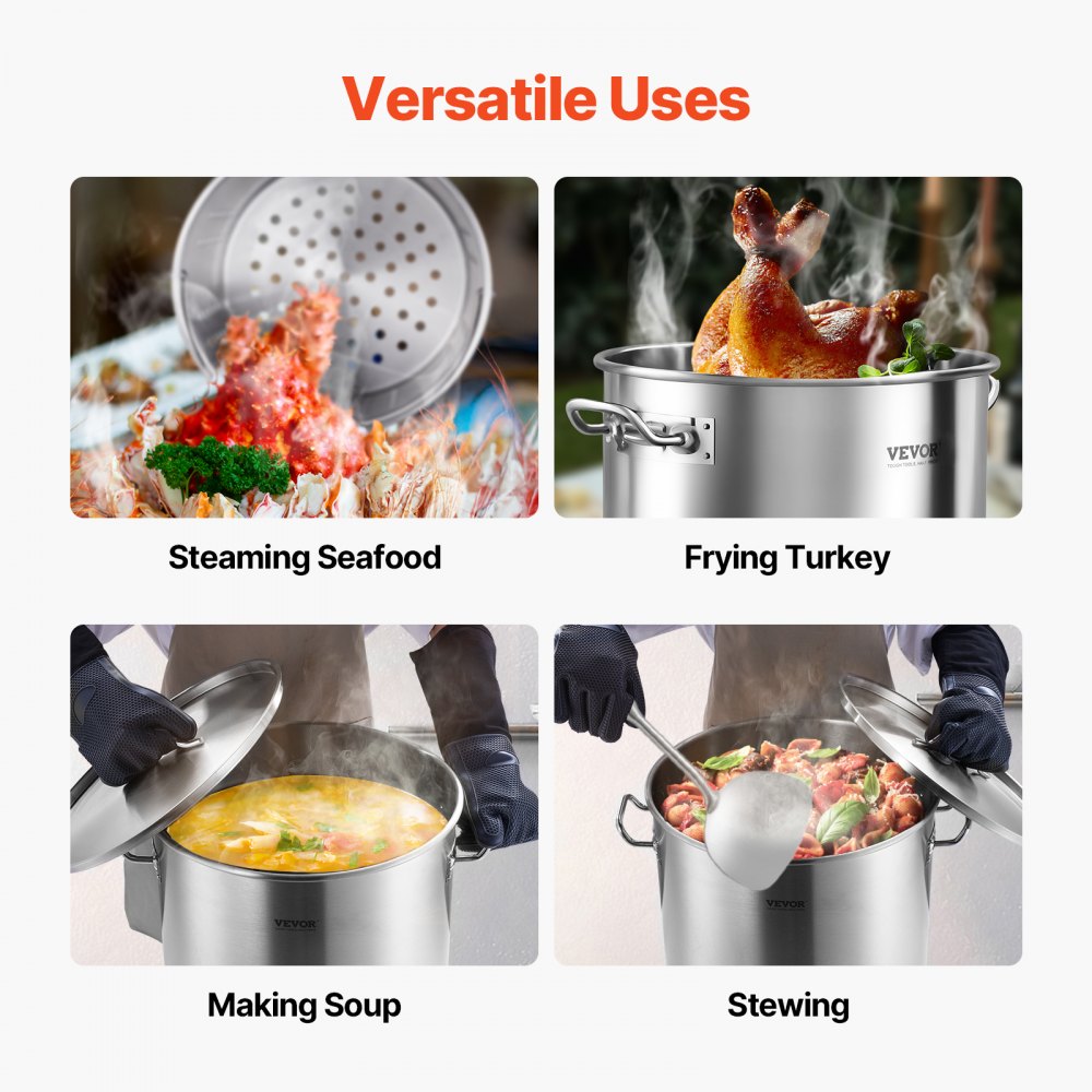 VEVOR Stainless Steel Stockpot, 54L Large Cooking Pots, Cookware Sauce Pot with Basket, Lid, and Handle, Heavy Duty Commercial Grade Stock Pot, Sanding Treatment, for Large Groups Events Silver
