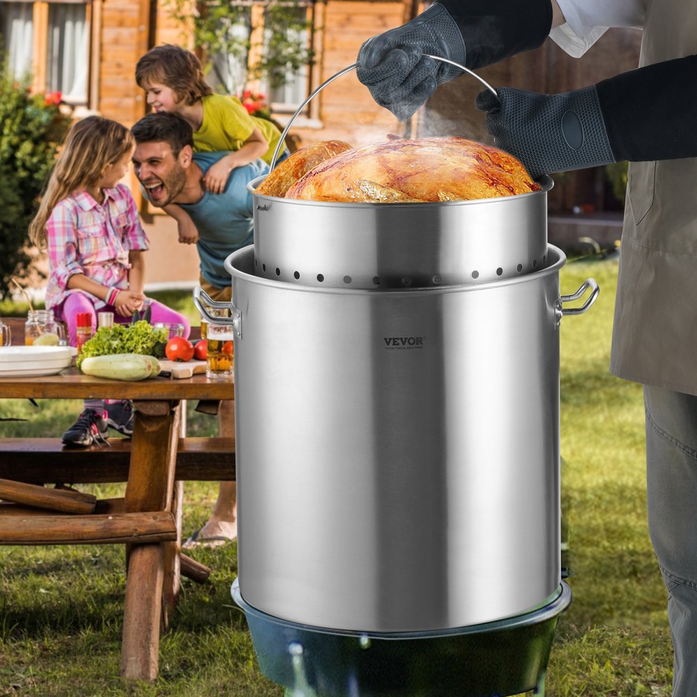 VEVOR Stainless Steel Stockpot, 54L Large Cooking Pots, Cookware Sauce Pot with Basket, Lid, and Handle, Heavy Duty Commercial Grade Stock Pot, Sanding Treatment, for Large Groups Events Silver