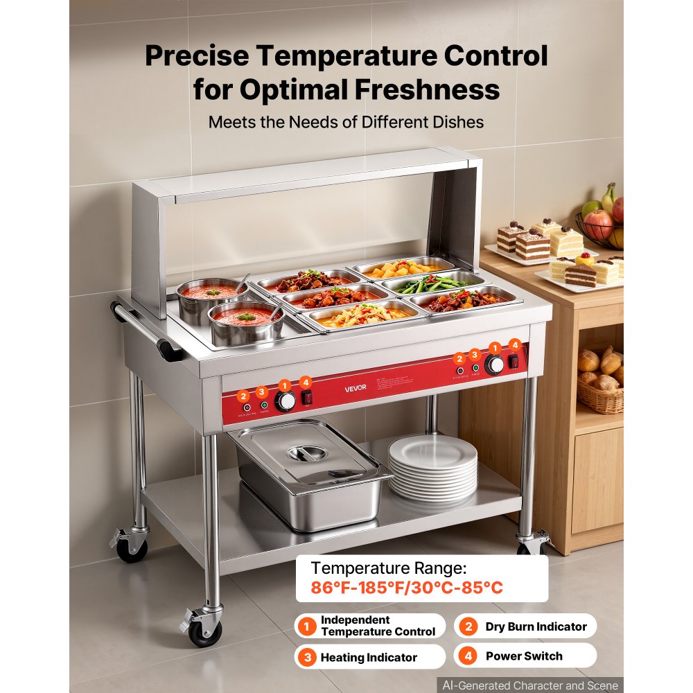 VEVOR Commercial Food Warmer 6 Pans + 2 Pots Electric Steam Table 1400W, for Buffet Restaurant Catering, SUS Server with Additional 1/1 Pan, Independent Temp Control, Acrylic Cover, and Undershelf