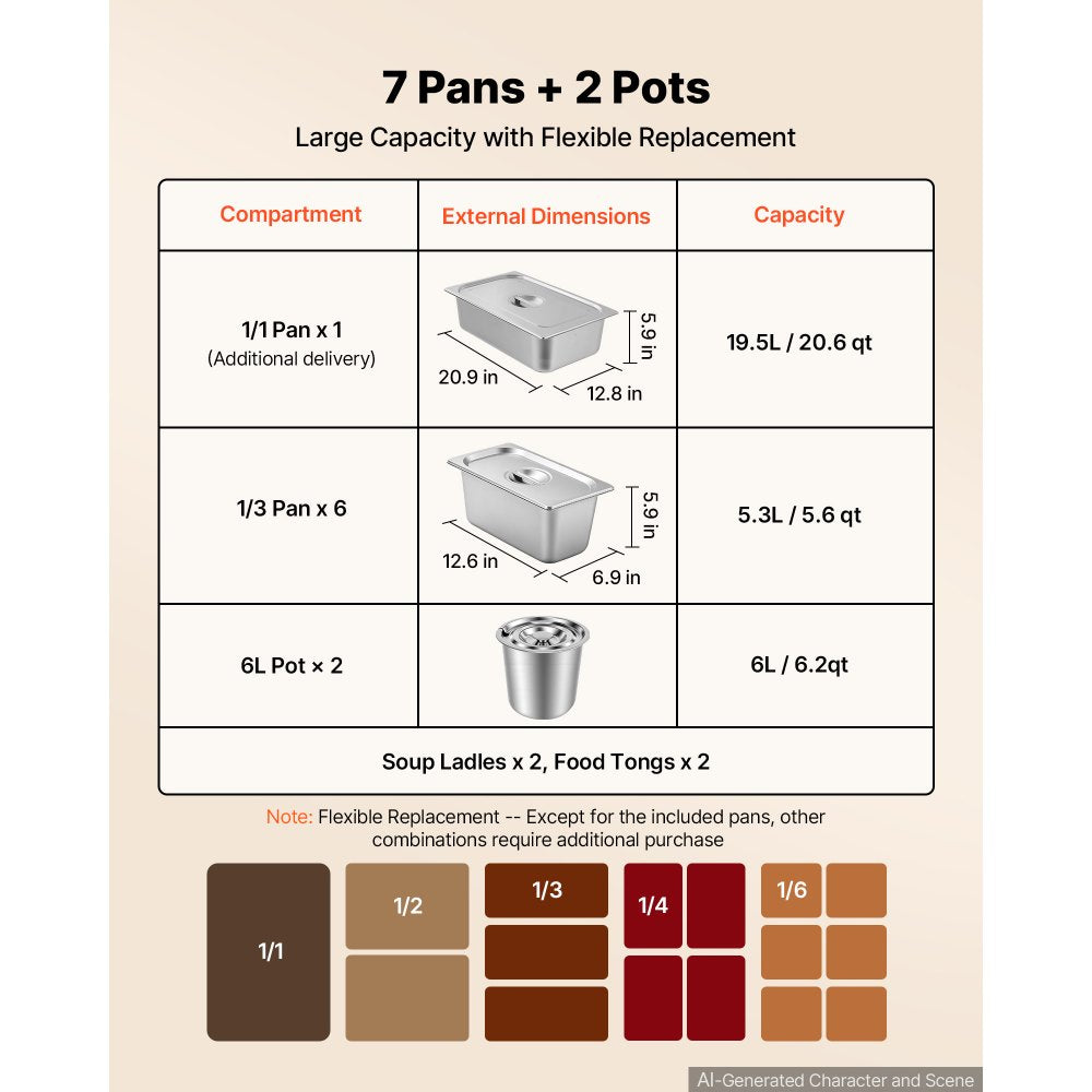 VEVOR Commercial Food Warmer 6 Pans + 2 Pots Electric Steam Table 1400W, for Buffet Restaurant Catering, SUS Server with Additional 1/1 Pan, Independent Temp Control, Acrylic Cover, and Undershelf