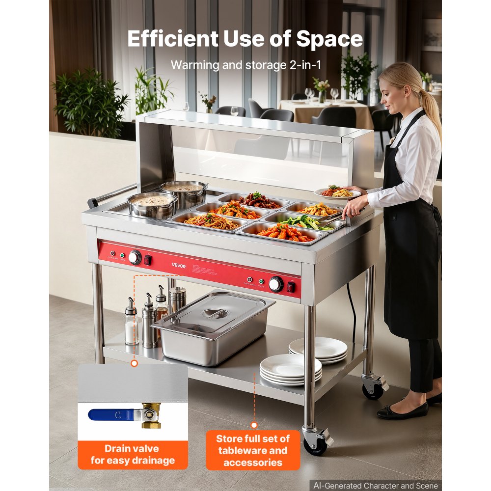 VEVOR Commercial Food Warmer 6 Pans + 2 Pots Electric Steam Table 1400W, for Buffet Restaurant Catering, SUS Server with Additional 1/1 Pan, Independent Temp Control, Acrylic Cover, and Undershelf