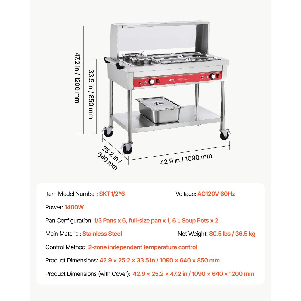 VEVOR Commercial Food Warmer 6 Pans + 2 Pots Electric Steam Table 1400W, for Buffet Restaurant Catering, SUS Server with Additional 1/1 Pan, Independent Temp Control, Acrylic Cover, and Undershelf