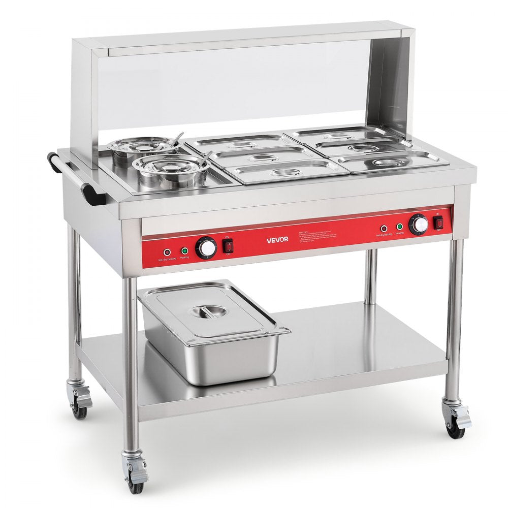 Vevor Food Warmer Commercial 6-Pan + 2-Pot Electric Steam Table 1400W with Acrylic Cover and Undershelf New