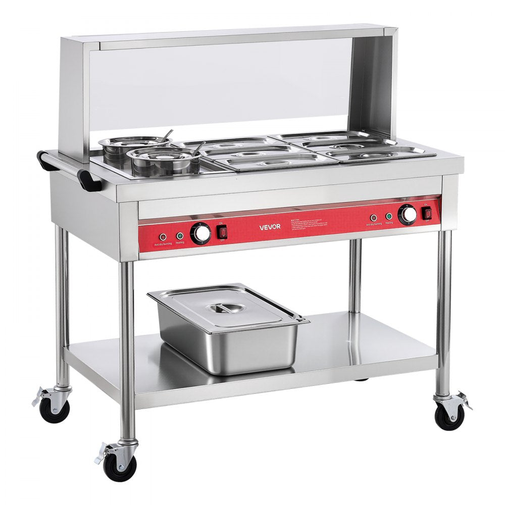 VEVOR Commercial Food Warmer 6 Pans + 2 Pots Electric Steam Table 1400W, for Buffet Restaurant Catering, SUS Server with Additional 1/1 Pan, Independent Temp Control, Acrylic Cover, and Undershelf