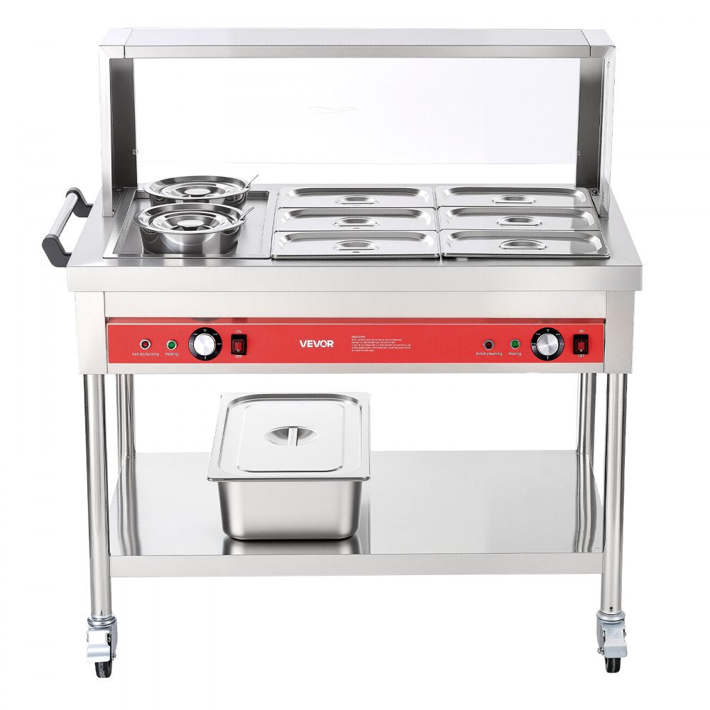 VEVOR Commercial Food Warmer 6 Pans + 2 Pots Electric Steam Table 1400W, for Buffet Restaurant Catering, SUS Server with Additional 1/1 Pan, Independent Temp Control, Acrylic Cover, and Undershelf