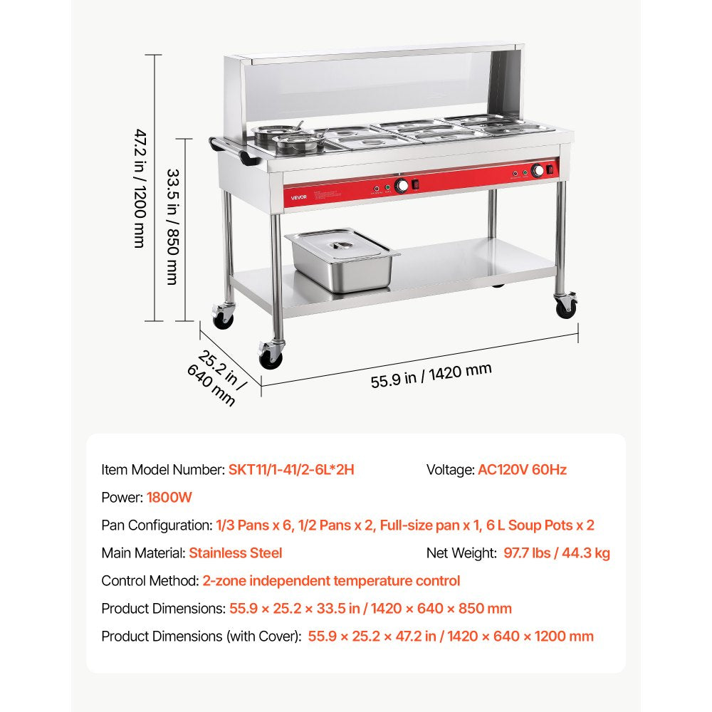 VEVOR Commercial Food Warmer 8 Pans + 2 Pots Electric Steam Table 1800W, for Buffet Restaurant Catering, SUS Server with Additional 1/1 Pan, Independent Temp Control, Acrylic Cover, and Undershelf