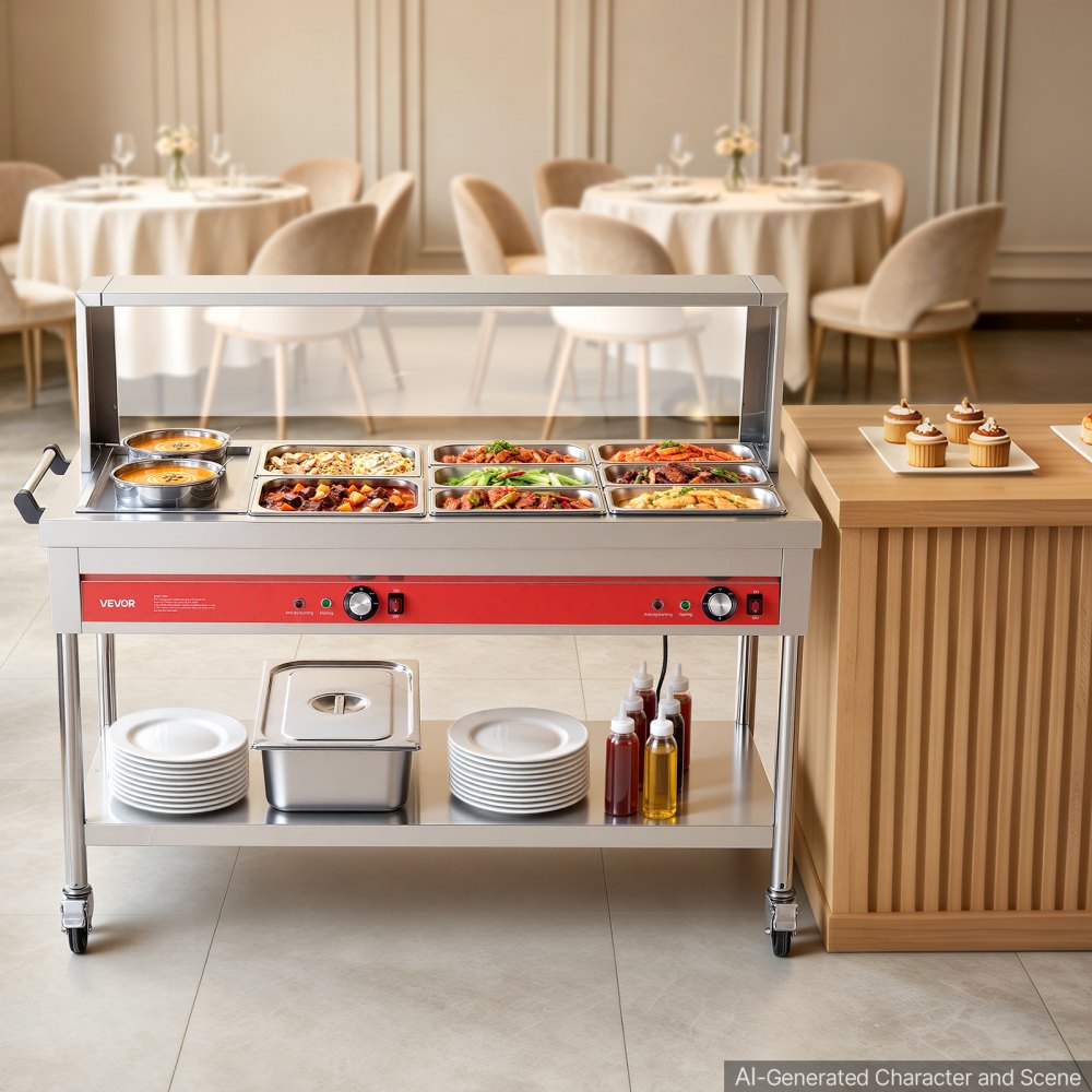 VEVOR Commercial Food Warmer 8 Pans + 2 Pots Electric Steam Table 1800W, for Buffet Restaurant Catering, SUS Server with Additional 1/1 Pan, Independent Temp Control, Acrylic Cover, and Undershelf