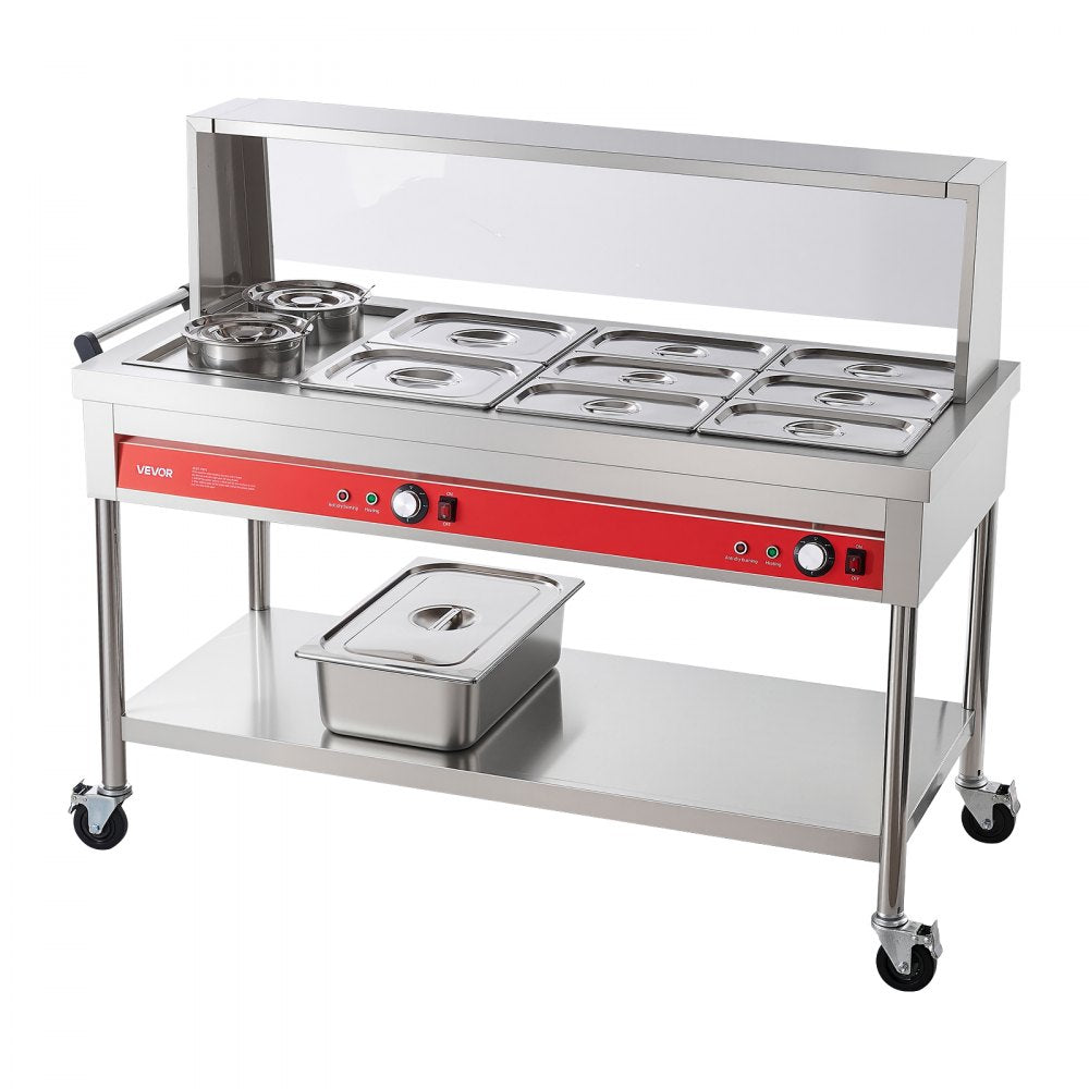 VEVOR Commercial Food Warmer 8 Pans + 2 Pots Electric Steam Table 1800W, for Buffet Restaurant Catering, SUS Server with Additional 1/1 Pan, Independent Temp Control, Acrylic Cover, and Undershelf