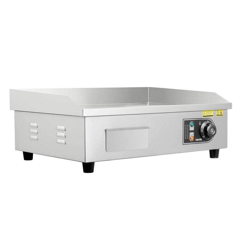 VEVOR Commercial Electric Griddle, 21 x 11.8 inch, 1750W, 122-570°F Adjustable Temp Control, Stainless Steel Countertop Flat Top Grill with 2 Spatulas, 2 Brushes and 4 Foot Pads, for Steak, Pancake