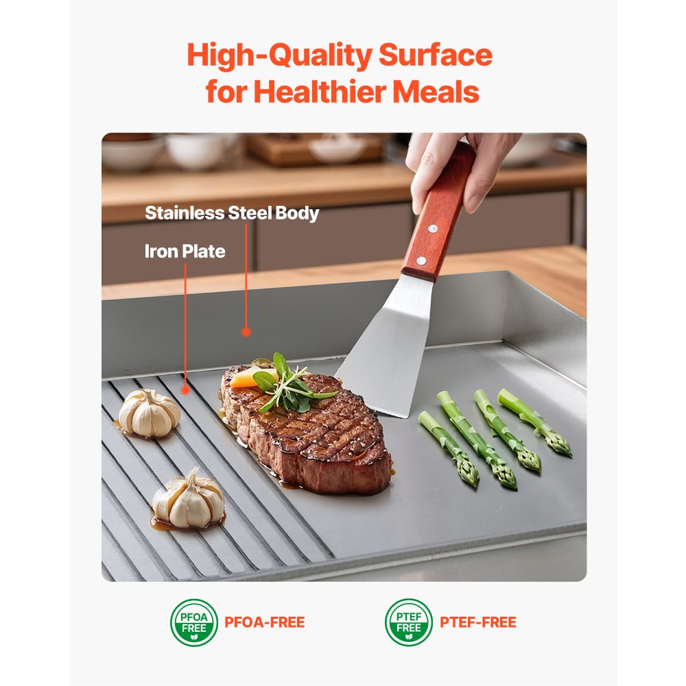 VEVOR Commercial Electric Griddle, 21.06 x 11.81 inch, 1750W, 122-570°F Adjustable Temp Control, Stainless Steel Body, Half Grooved Half Flat, with 2 Spatulas, 2 Brushes, and 4 Foot Pads, for Steak