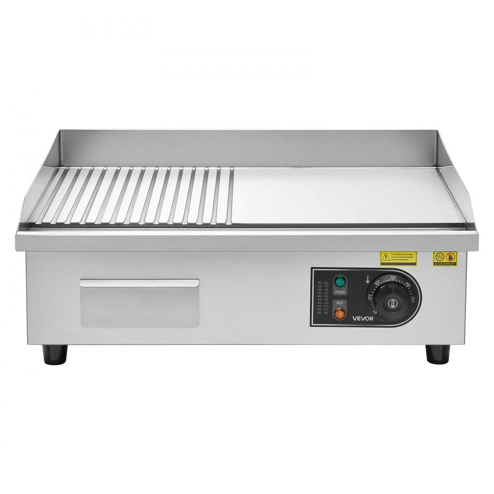 VEVOR Commercial Electric Griddle, 21.06 x 11.81 inch, 1750W, 122-570°F Adjustable Temp Control, Stainless Steel Body, Half Grooved Half Flat, with 2 Spatulas, 2 Brushes, and 4 Foot Pads, for Steak